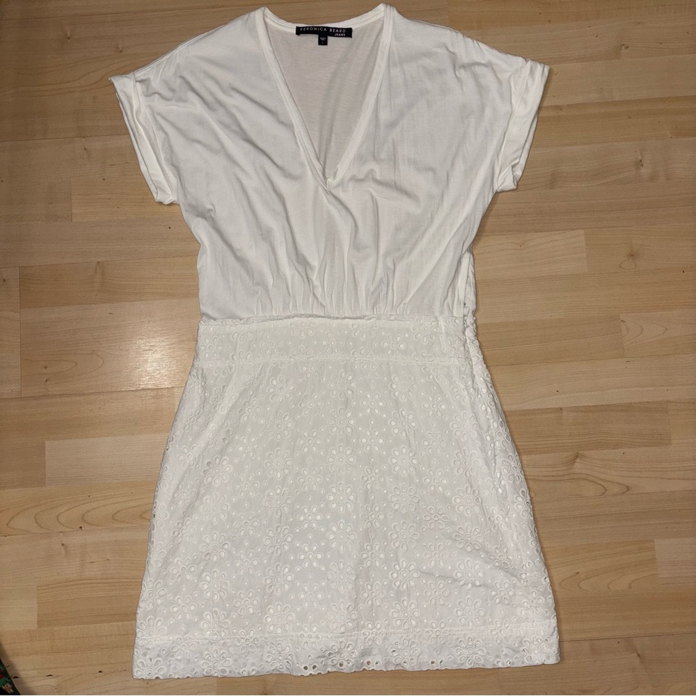 Veronica Beard Jiya Eyelet T-Shirt Dress in White Size Large Coquette Soft Girl - Picture 2 of 13